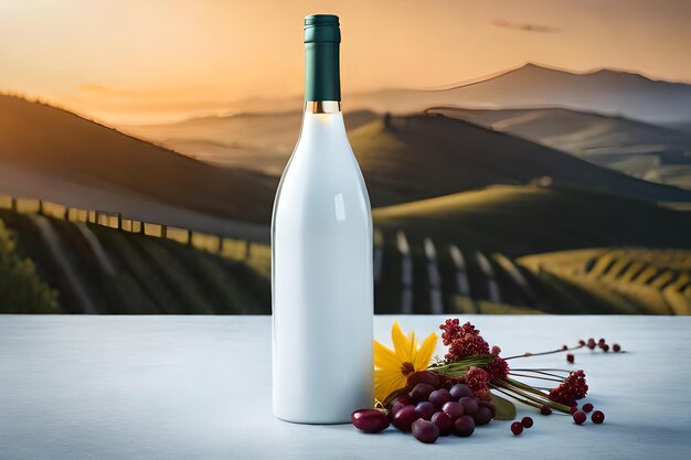 Una botella de vino blanco con un ramo de flores en el lado.