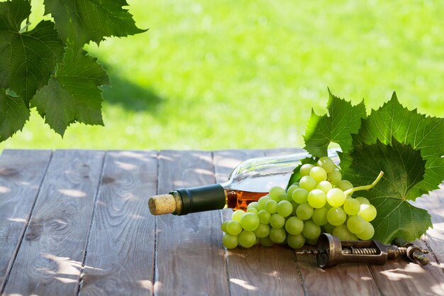 Botella de vino blanco y uva blanca.