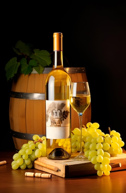 Botella de vino blanco con uvas en el lado