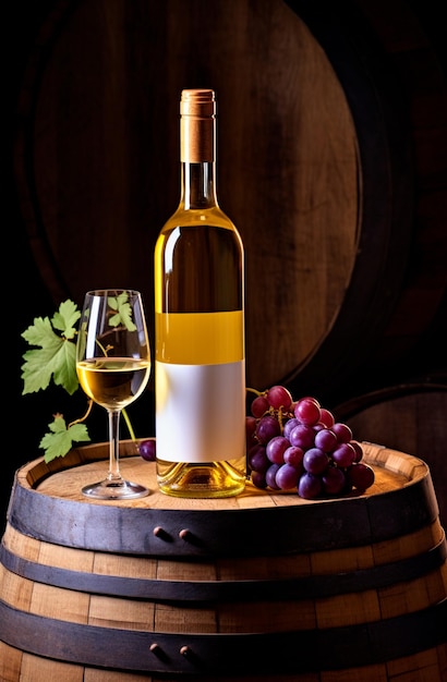 Botella de vino blanco con uvas en el lado