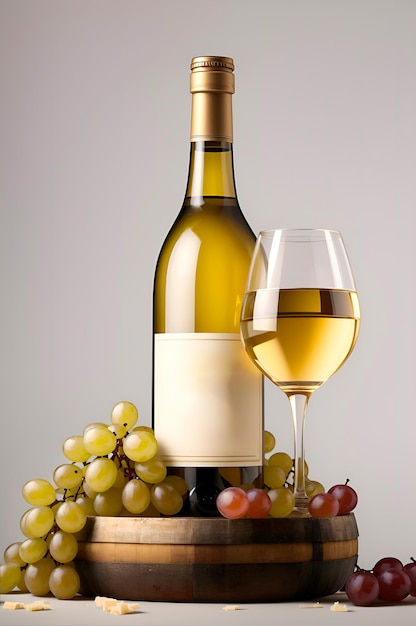 una botella de vino blanco con uvas y queso a su alrededor en la parte superior de un barril con un blanco