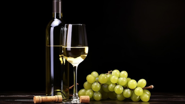 Una botella de vino blanco con vasos y hojas de uva