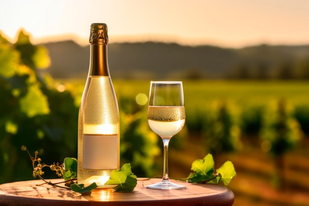 Foto botella de vino blanco con vides en el fondo