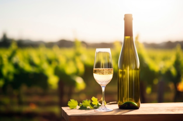 Foto botella de vino blanco con vides en el fondo