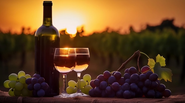 Una botella de vino y una botella de vino se sientan en una mesa frente a una puesta de sol.