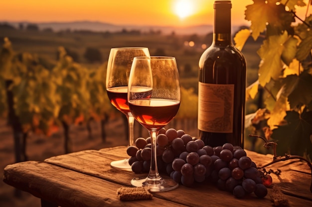 Una botella de vino y una botella de vino sobre una mesa de madera con uvas.