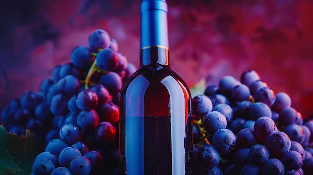 botella de vino carmesí con uvas azules IA generativa