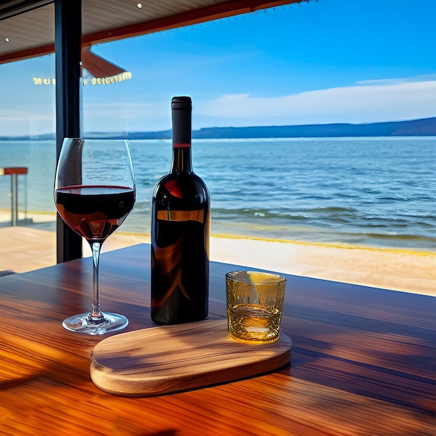 Una botella de vino y una copa de vino están en un bar Hora de verano