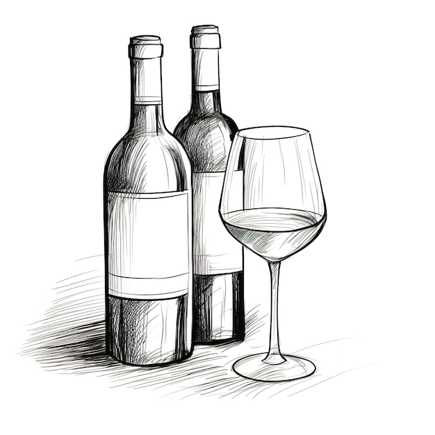 Foto botella de vino y copa de vino ilustraciones dibujadas a mano en estilo boceto