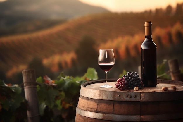 Una botella de vino y una copa de vino se sientan en un barril frente a un viñedo.