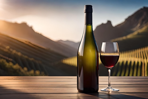 Una botella de vino y una copa de vino sobre una mesa con montañas al fondo.