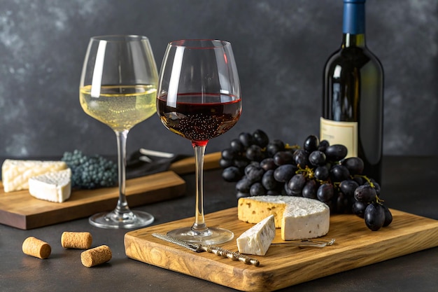 Botella de vino y copas de vino llenas con uvas negras y queso en tablero de madera