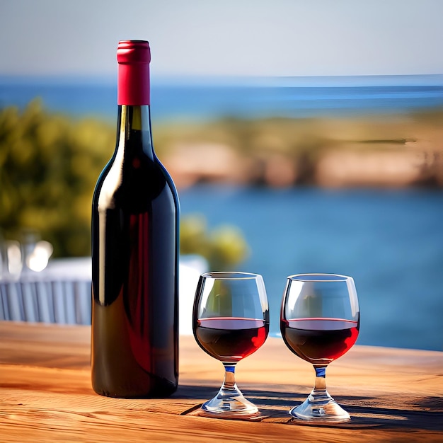 Una botella de vino y dos copas están sobre una mesa junto a una botella de vino Vacaciones