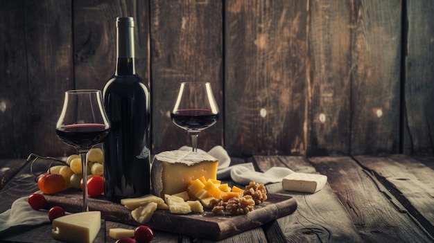 Una botella de vino y dos vasos de vino en una mesa de madera