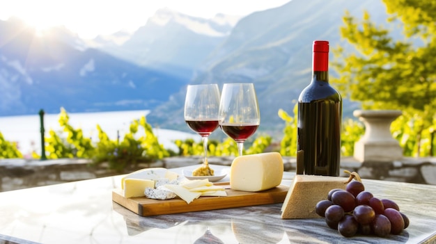 Una botella de vino y dos vasos de vino en una mesa