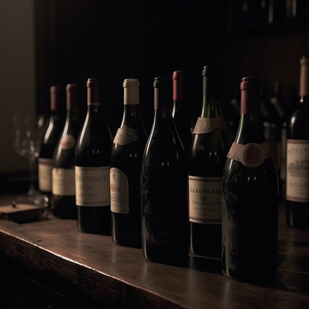 Una botella de vino está en un bar con un fondo oscuro.