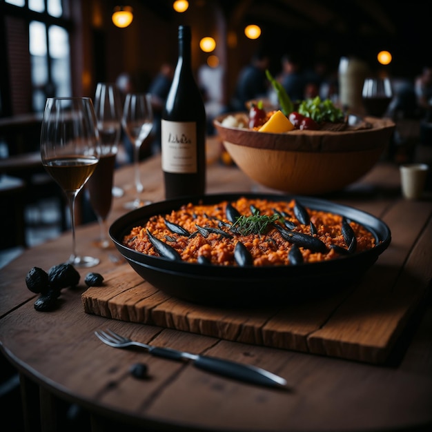 Una botella de vino está sobre una mesa junto a una paella.