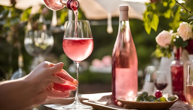 una botella de vino se está vertiendo en un vaso