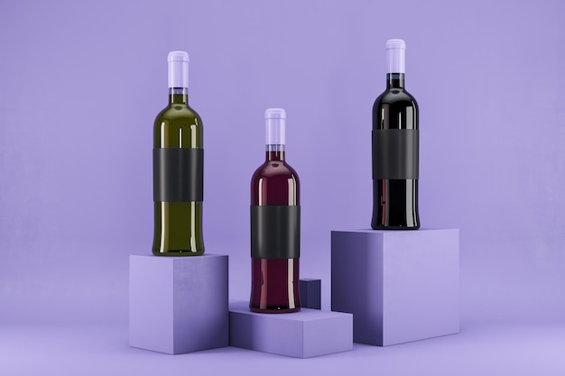 Botella de vino con etiqueta simulada limpia en fondo de lavanda Anuncio y marca liqor y concepto de bebida Renderización 3D