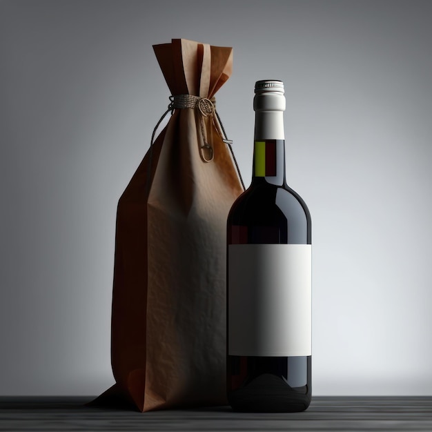 Botella de vino con etiqueta vacía y bolsa Mockup