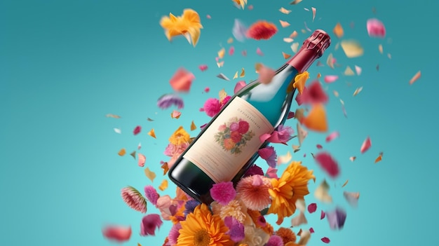 una botella de vino con flores de fondo.