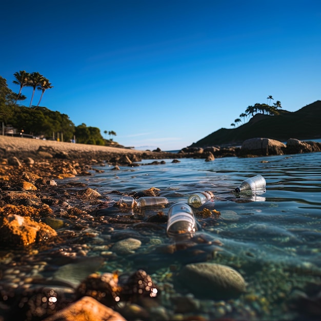 Foto una botella de vino está flotando en el agua con una playa en el fondo