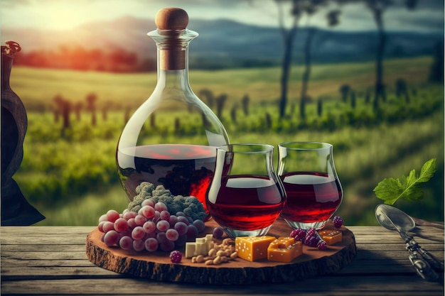 Una botella de vino junto a una copa de vino y una copa de vino.