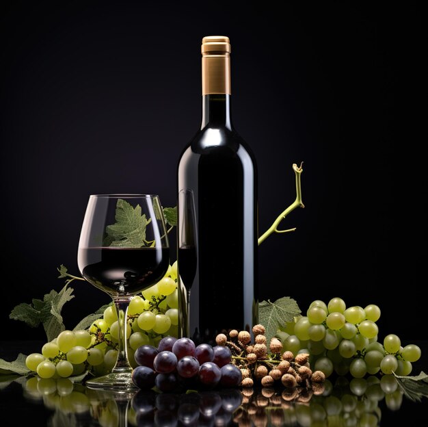 una botella de vino junto a una copa de vino y uvas.