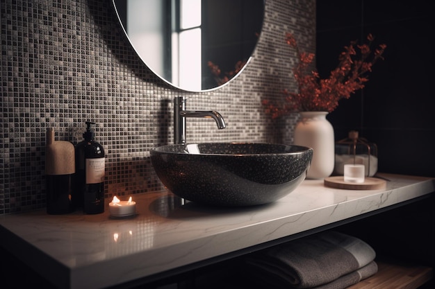 Una botella de vino junto a un lavabo en un baño con un espejo redondo.