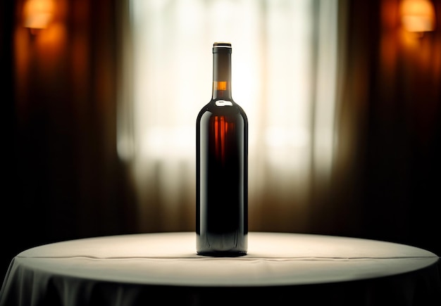 Foto botella de vino en una mesa de madera en el fondo de la tienda de vinos