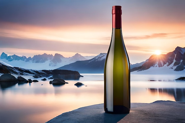 Una botella de vino con una montaña al fondo.