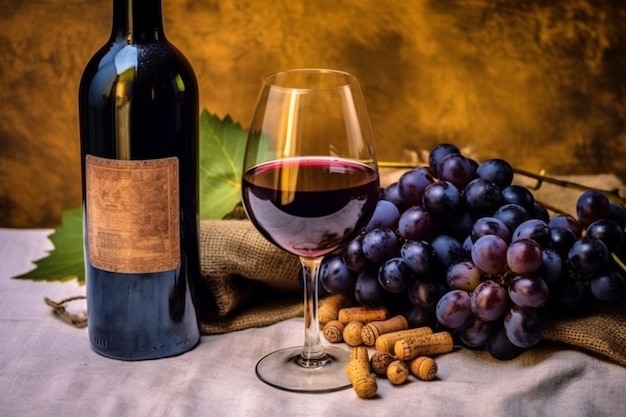 Una botella de vino y un racimo de uvas.