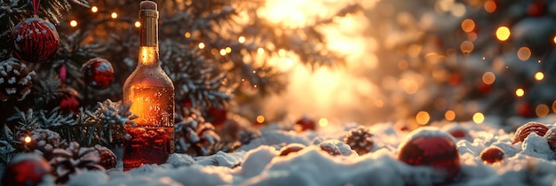 Botella de vino Ramas del árbol de Navidad Fondo de regalo Ilustración en HD