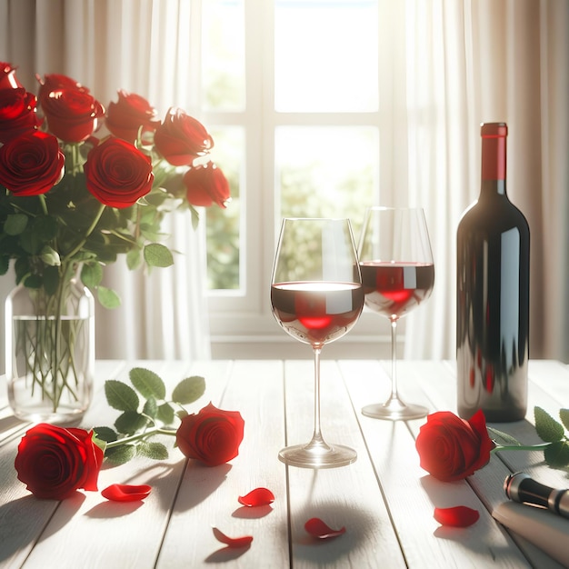 Botella de vino rojo dos vasos vacíos rosas rojas en una mesa de madera blanca sobre el fondo blanco de la habitación día soleado