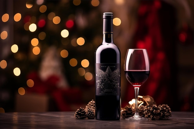 Botella de vino rojo de Navidad en la mesa