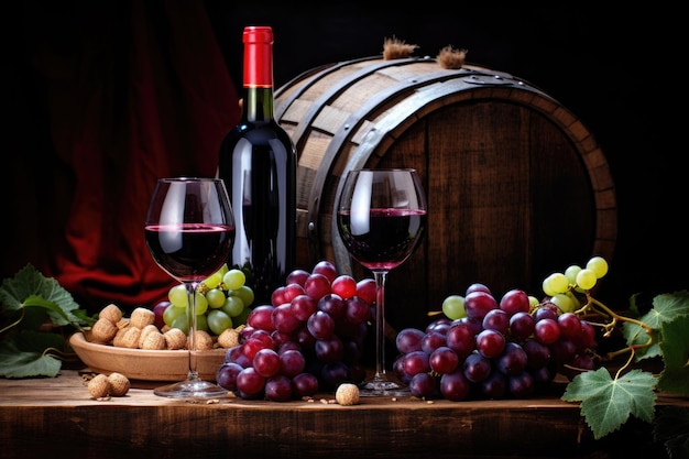 Botella de vino rojo uva y vaso de vino cerca del barril de madera Ilustración generada por IA
