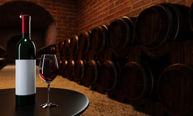 Botella de vino rojo y vaso transparente con vino rojo puesto en una mesa de madera con muchos tanques de fermentación de vino en la bodega colocados cerca de la pared de ladrillo rojo renderización 3D