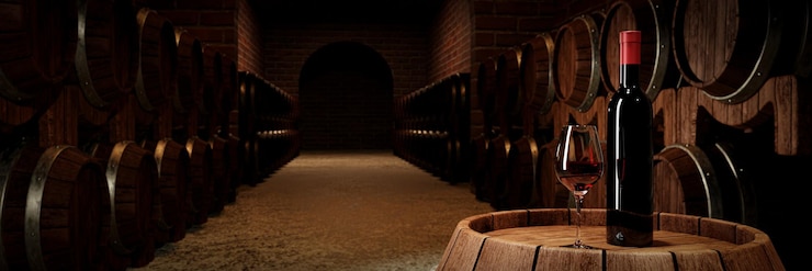 Botella de vino rojo y vidrio transparente con vino rojo Colocar en un tanque de fermentación de vino Con muchos tanques de fermento de vino colocados cerca de la pared de ladrillo rojo Rendering 3D