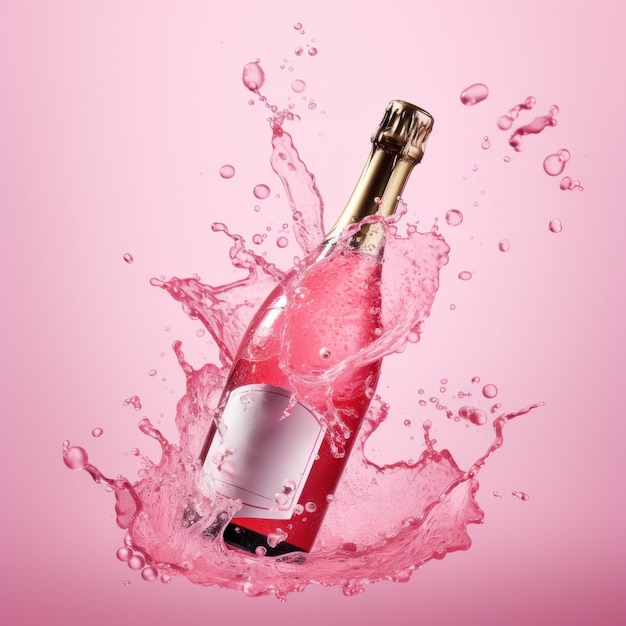 Foto botella de vino rosa en un salto de agua rosa con burbujas en la espuma