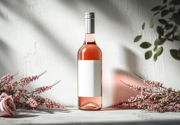 Foto botella de vino de rosas con etiqueta en blanco y flores a la luz natural del día mockup