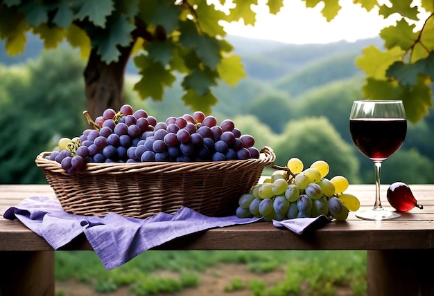 una botella de vino se sienta al lado de una canasta de uvas