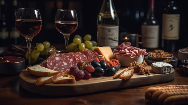 Una botella de vino se sienta al lado de una tabla de quesos con una botella de vino detrás.