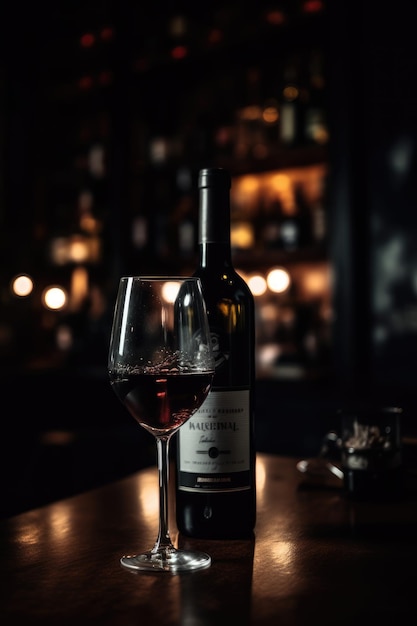 Una botella de vino se sienta en un bar con una copa de vino al lado.