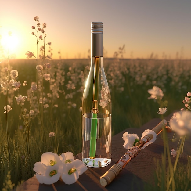 Una botella de vino se sienta en una mesa en un campo de flores.