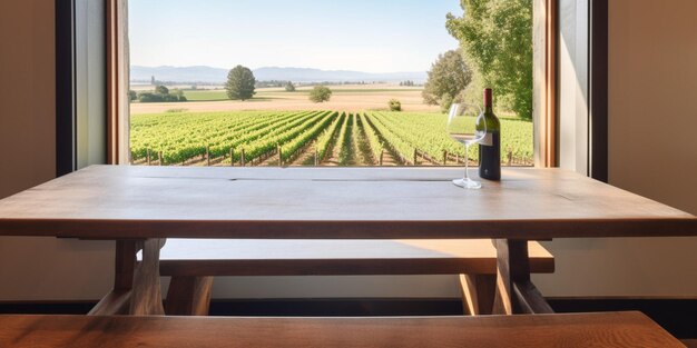 Una botella de vino se sienta en una mesa frente a un viñedo.