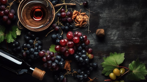 Una botella de vino se sienta en una mesa junto a un racimo de uvas y una copa de vino.