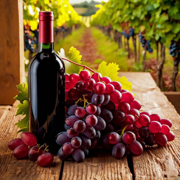 una botella de vino se sienta en una mesa de madera con uvas