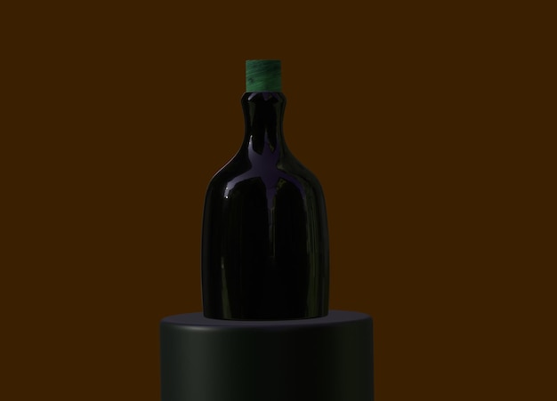 Una botella de vino con una tapa verde se sienta en un soporte de pastel negro.