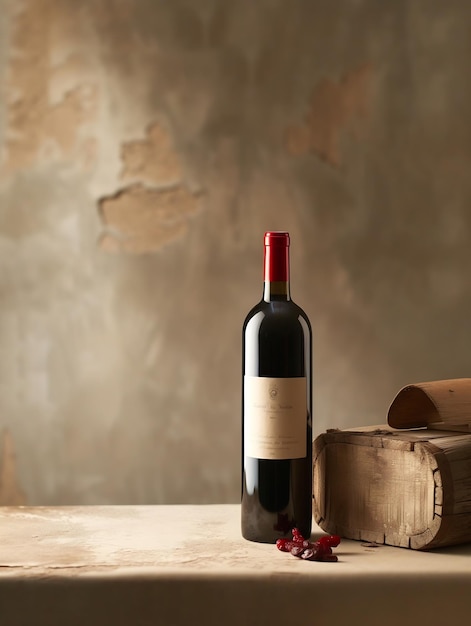 Botella de vino tinto con una composición de madera vieja Composición minimalista en un bei IA generativa