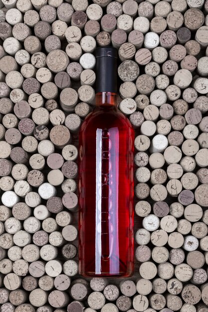 Botella de vino tinto y corchos de mesa de madera